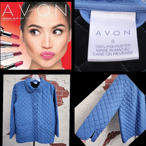 SMALL women AVON blue quilted jacket long sleeve collar snap buttons lightweight - Picture 1 of 16